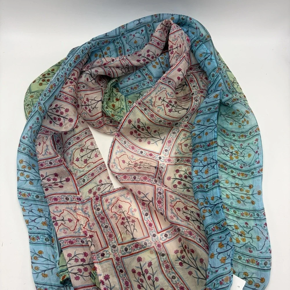 World Market Silk Scarf Floral Teal Asian Rectangle Feminine Prairie Coquette
